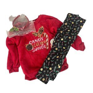 Kensie girl 3 Pc Christmas Outfit Shirt Pants Headband Red Black Candy Canes